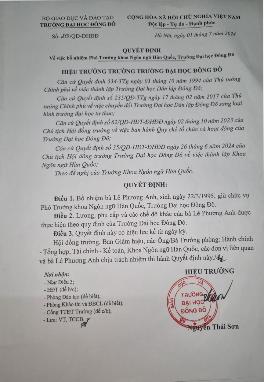 Quyết định Phó trưởng Khoa Lê Phương Anh